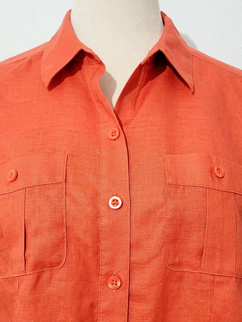 Chico's 100% Linen Tunic Shirt Petite Size 8/10 Orange Button Front Roll Tab Top - Picture 3 of 11